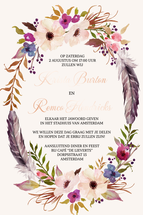 Stijlvolle trouwkaart bohemian foliedruk met bloemen en veren