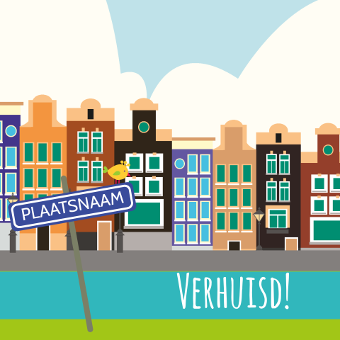 Verhuiskaart amsterdam huisjes en grachtenpanden en plaatsnaambord
