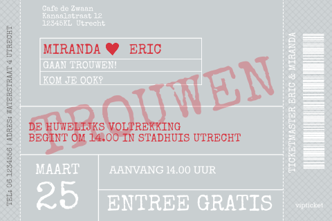 Leuke grappige trouwkaart uitnodiging vip ticket voor bruiloft