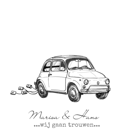 Trouwkaart met getekende Fiat 500