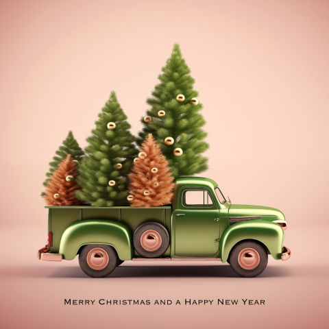 Kerstkaart retro truck met kerstbomen