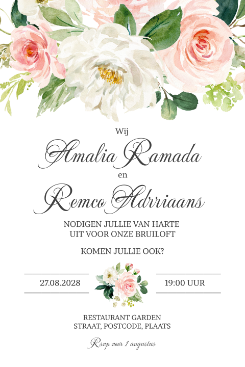 Uitnodiging voor huwelijk met prachtige roze en witte bloemen