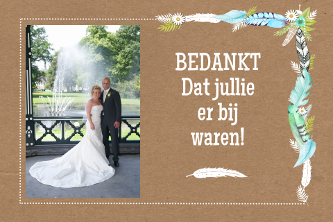 Bedankt voor huwelijk op craftpapier met groene blauwe veren