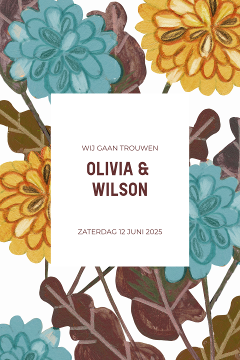 Prachtige trouwkaart met geschilderde bloemen