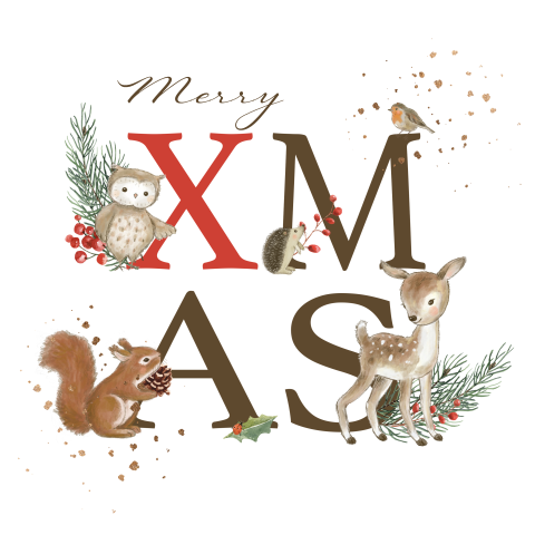 Kerstkaart bosdieren Merry XMas