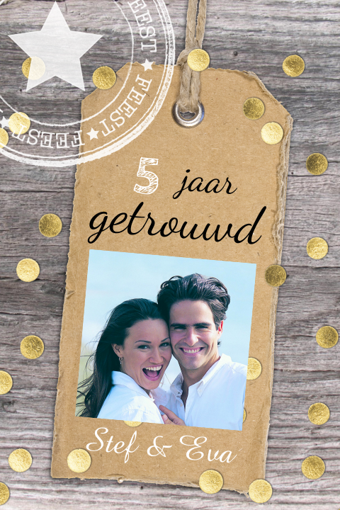 Uitnodiging trouw 5 jarig jubileum feest met hout