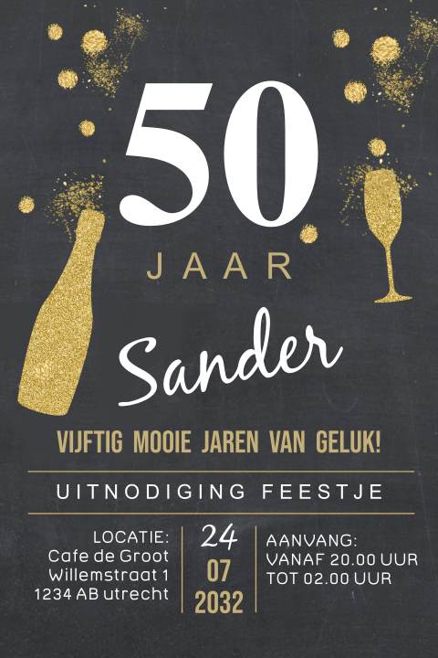 Uitnodiging 50ste verjaardag glitterlook champagne met glas
