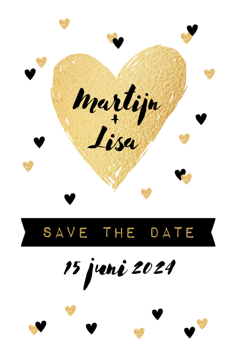 Save the date kaart hartjes goud zwartwit