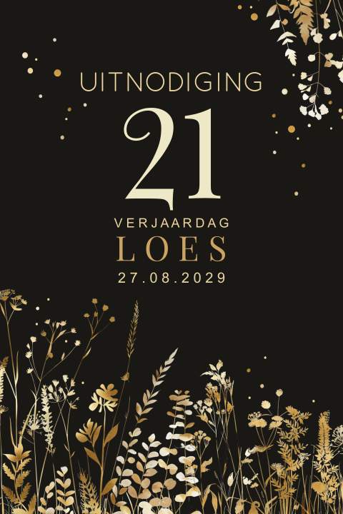 Uitnodiging 21ste verjaardag feestelijk met goudlook takjes
