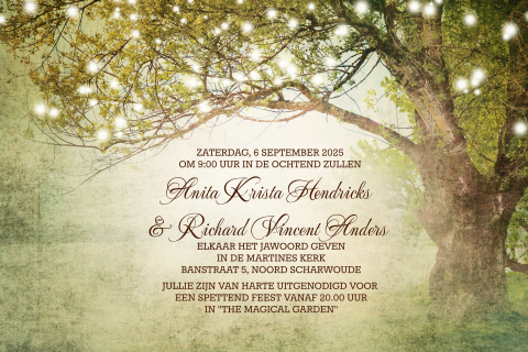 Trouwkaart met trouwen in het bos of festival wedding thema