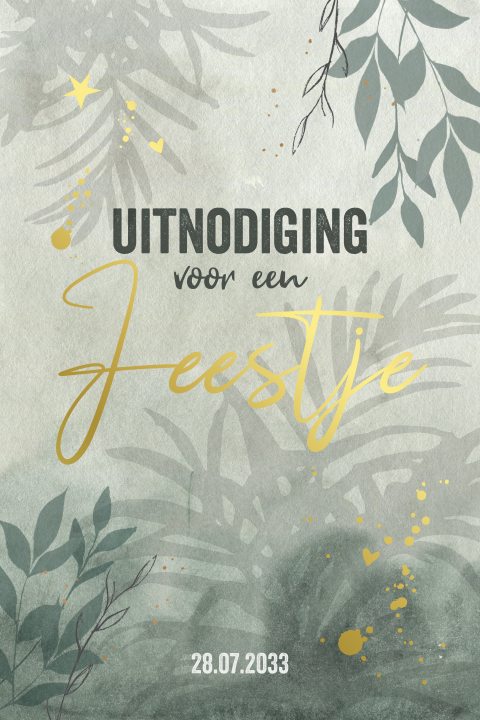 Uitnodiging feestje of verjaardag groene takjes en goudfolie