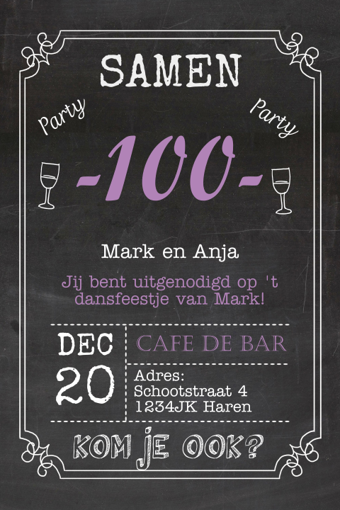 Uitnodigingskaart samen 100 jaar krijtbord met typografie