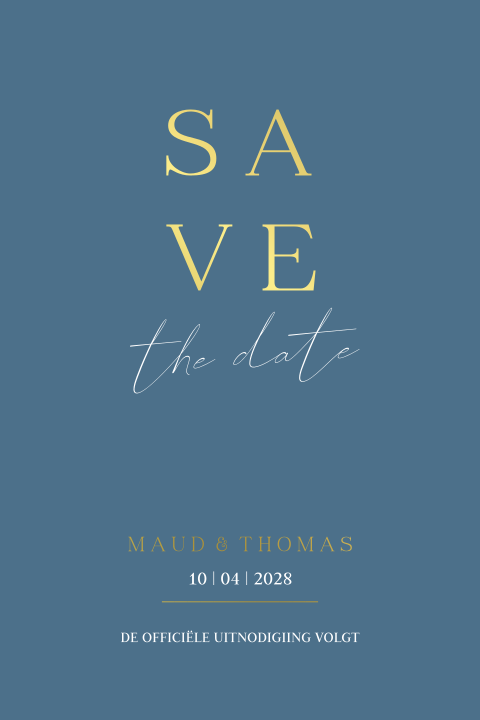 Moderne save the date kaart blauwe achtergrond en goudfolie