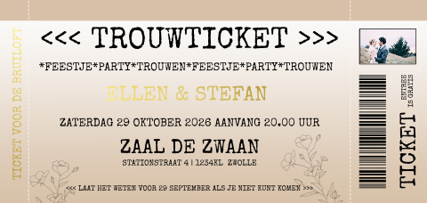 Hippe trouwkaart ticket stijl met goudfolie