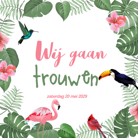 Trouwkaart uitnodiging in tropische sfeer met flamingo