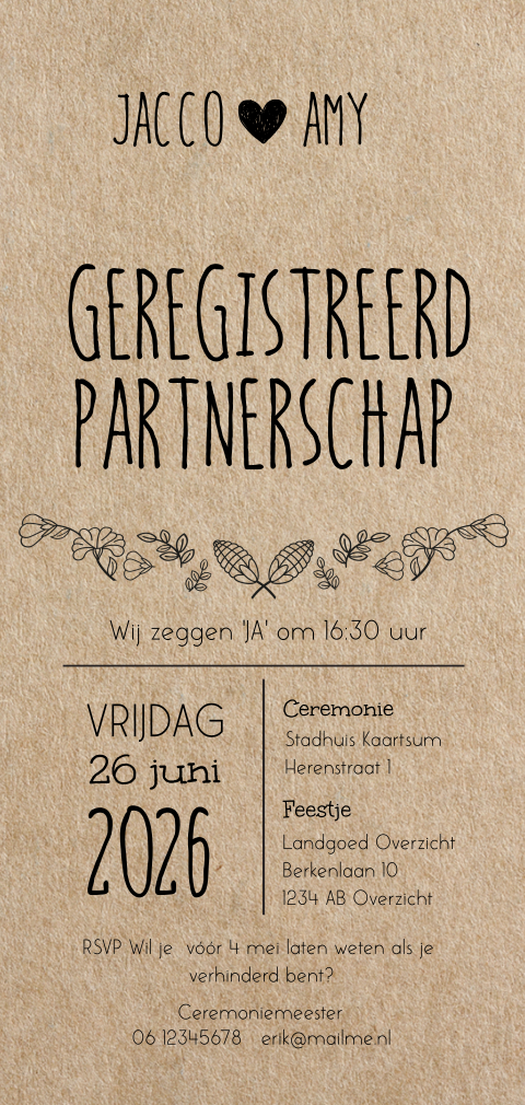 Aankondiging geregistreerd partnerschap  kraft hip en moderne details