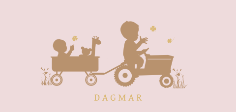 Langwerpige geboortekaart met tractor en baby zus