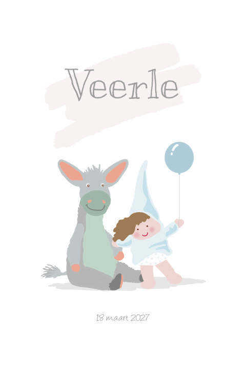 Geboortekaartje voor een meisje met ezel en pop