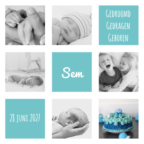 Geboortekaartje jongen turquoise vlakken en fotocollage
