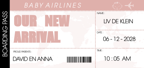 Boarding Pass geboortekaartje voor een meisje dochter Liv
