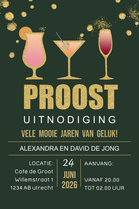 Feestelijke uitnodiging cocktails met wijnglazen en glitters
