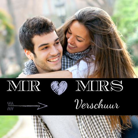 Hippe moderne mr mrs trouwkaart foto en typografie