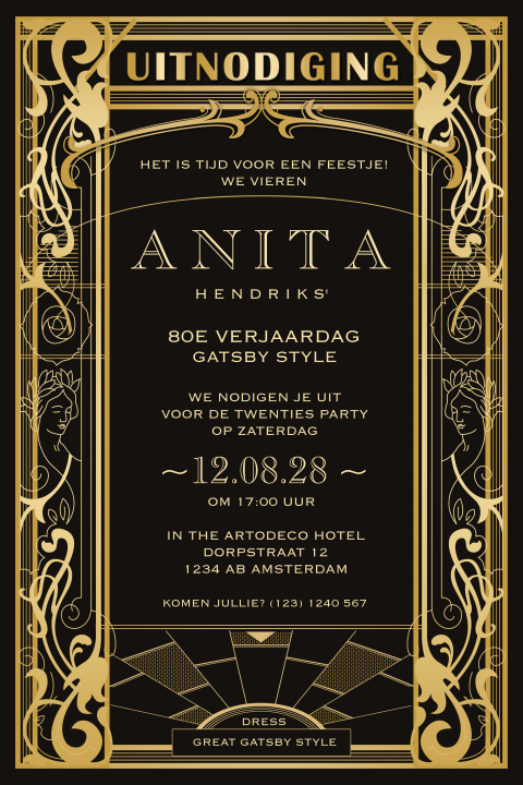 Great Gatsby verjaardagsuitnodiging 80 jaar Art Deco stijl
