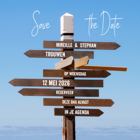 Trouwkaartenset Save the Date houten wegwijzer