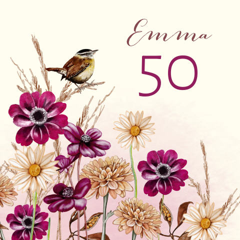 Uitnodiging 50e verjaardag vrouw met bloemen en vogeltje