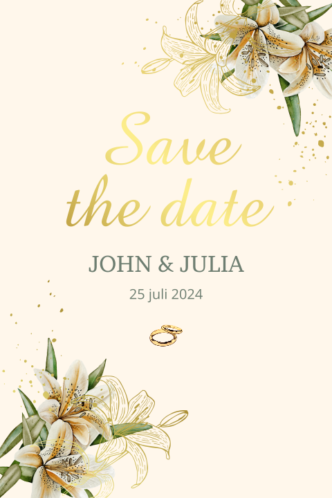 Save the date uitnodiging met witte lelies bloemen