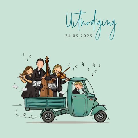 Uitnodiging feestje met Vespa Ape groen met klassiek orkest