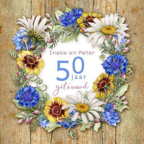Uitnodiging 50 jaar getrouwd fleurige bloemen krans