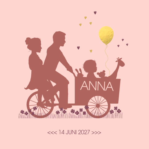 Profiel geboortekaartje ouders met bakfiets en meisje