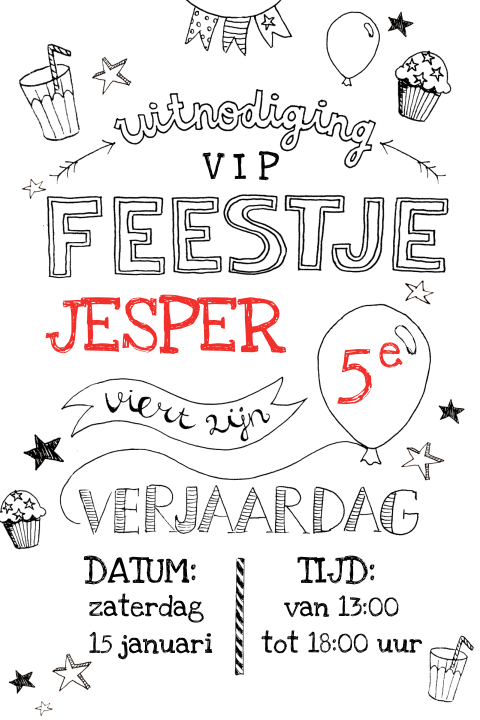 Kinderfeestje uitnodiging handlettering zwartwit