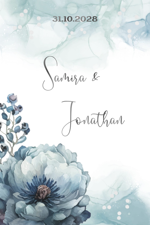 Trouwkaart met prachtige blauwe aquarel bloemen