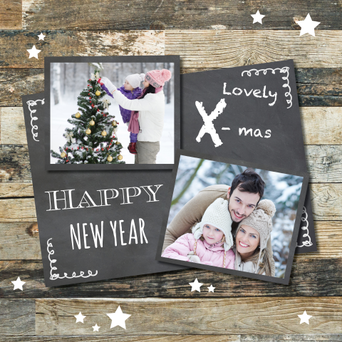 Foto collage kerstkaart hout en krijtbord