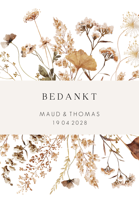 Bedankkaart met veldbloemen en foto op de achterkant