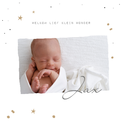 Hippe geboortekaart jongen met goud-look glitters en foto