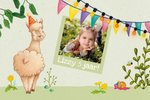Uitnodiging kinderfeestje 5 jaar alpaca en slingers