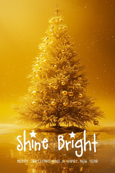 Kerstkaart geel goude kerstboom