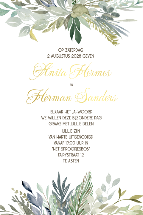 Trouwkaart goud folie aquarel flowers groen grijs botanisch