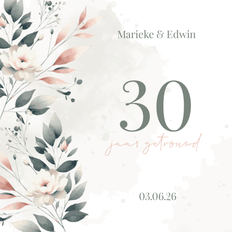 Uitnodiging jubileumfeest met botanische bloemen en takken