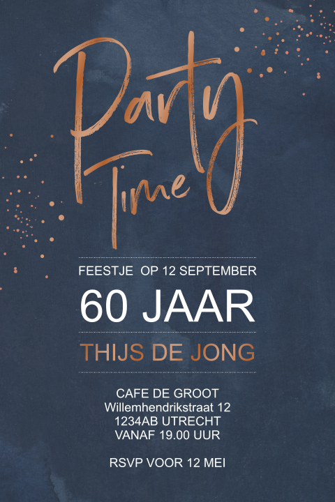 Moderne uitnodiging party time koper hoogglans folie