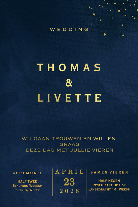 Trouwkaart velvet look blauw met folie