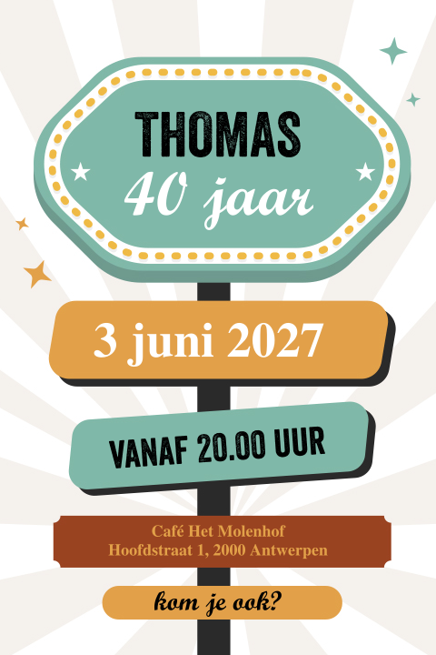 Uitnodiging verjaardag 40 jaar man met bordjes