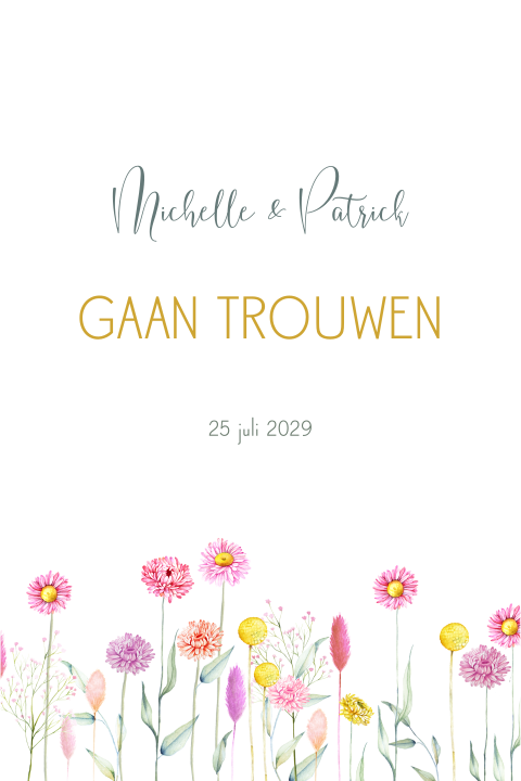 Trouwkaart met droogbloemetjes aquarel in boogvorm