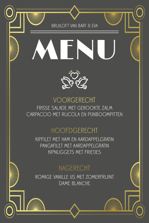 Menu kaart in Art deco stijl zwart en goudfolie