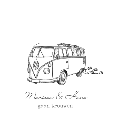 Trouwkaart met VW bus getekend