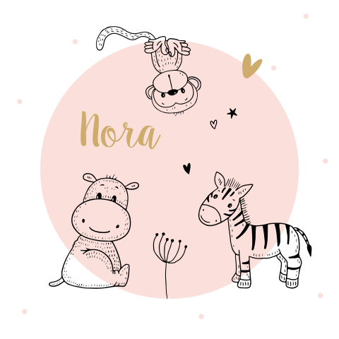 Geboortekaartje dieren nijlpaard zebra en aap in roze