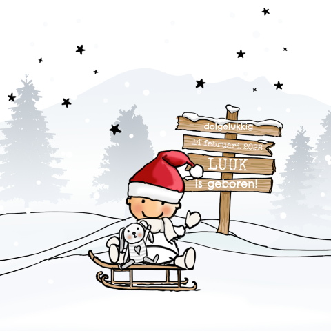 Vrolijk winter geboortekaartje kerstkindje jongen met kerst geboren